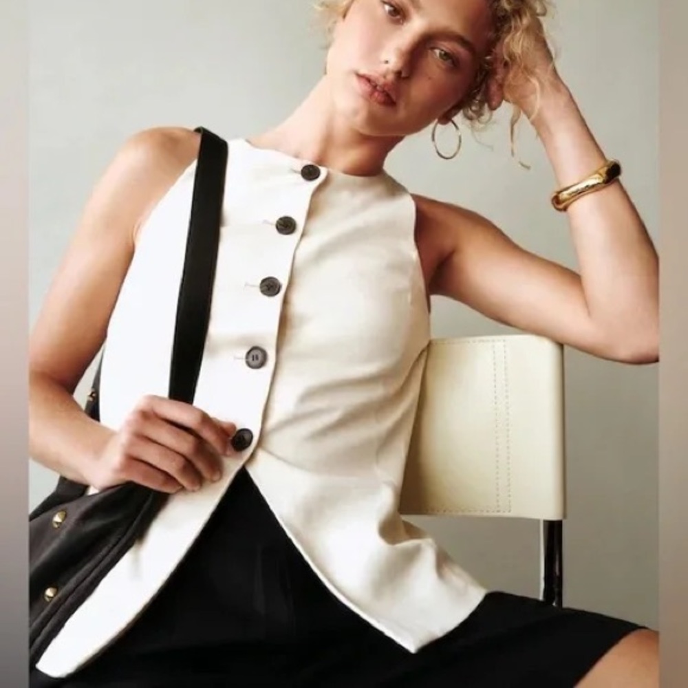 Madewell Crewneck Cutaway Vest in Drapey Twill Cream Linen Blend‎ Size 00 - Picture 2 of 14